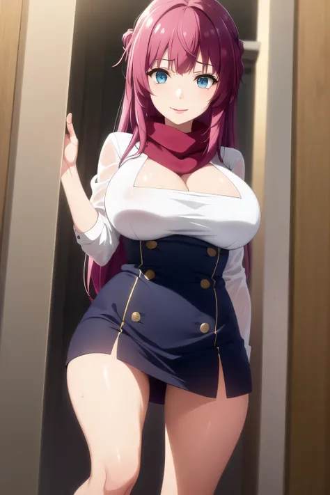 woman with long yellow hair，I'm alone，（（Blonde））Blondeロングヘアーの女性，nice smile，can you draw a woman with lots of chocolate，pink pleated mini skirt，big boobsは白いブラウスで隠れてます，        sleeveless thin uniform               ，nice smile，big boobsをさらにbig boobsに描いて下さい，my...