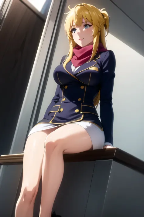 woman with long yellow hair,Can you draw a flight attendant's office lady in a suit，（（Blonde））Blondeロングヘアーの女性，nice smile，A face is absolutely necessary，pink pleated mini skirt，big boobsは白いブラウスで隠れてます，      sleeveless thin uniform           ，nice smile，big b...