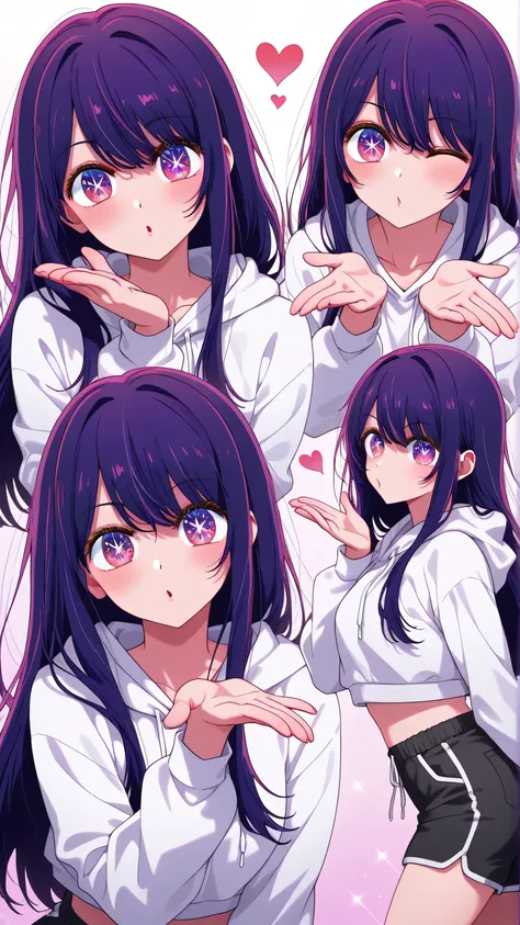 Ai Hoshino (\Oshi No Ko\), long hair, bangs, purple eyes, purple hair, symbol-shaped pupils, white cropped hoodie, black shorts, blowing kiss, heart, wink