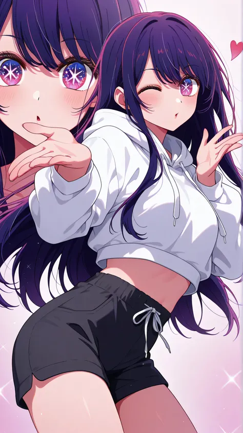 Ai Hoshino (\Oshi No Ko\), long hair, bangs, purple eyes, purple hair, symbol-shaped pupils, white cropped hoodie, black shorts, blowing kiss, heart, wink
