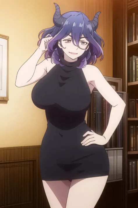 Naughty Woman，creepy smile，Can you draw the devil's laughing face，dark haired，Horned Woman，Her chest is hidden by sleeveless clothes because facial expression is paramount，Little Devil,Can you draw a devil's figure,mischievous women   ，only， ,（draw a more ...