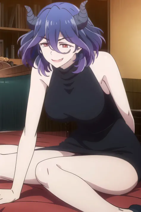 Can you draw a child's little devil，Smile Yang，Naughty woman，不気味なSmile Yang，can you draw the devil's laughing face，dark haired，Horned Woman，expression is a top priority, So、breasts are hidden by sleeveless clothes，Little Devil,Can you draw a devil's figure...