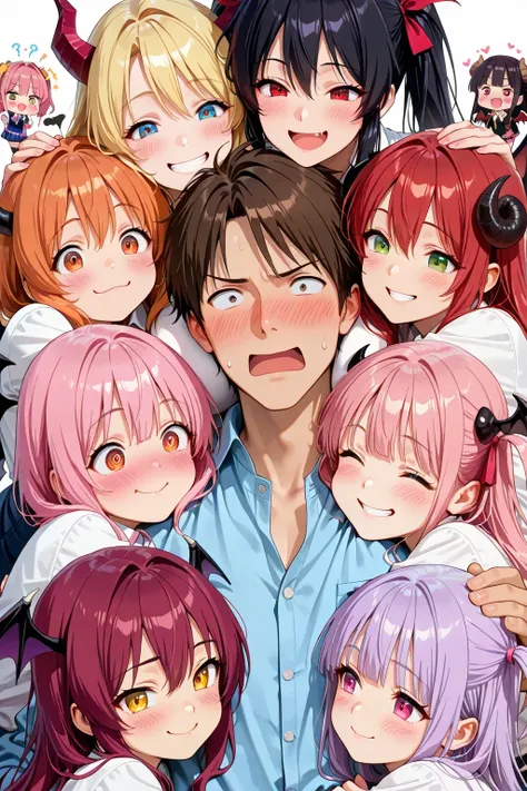 1boy, shirt of chest, awkward smile, blushing cheeks, overwhelmed expression, group hug, 6+girls, chibi demon girls, girl's hand, devil wing on girl's head:1.2, each different faces, masterpiece, best quality