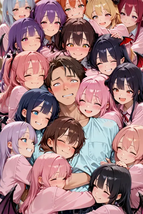1boy, shirt of chest area, his face, awkward smile, one eye closed, sweat drop, blushing cheeks, overwhelmed expression, group hug, 6+girls, cute tiny demon girls, hugging boy tightly, girl's hand, devil wing on girl's head, each different faces, masterpie...