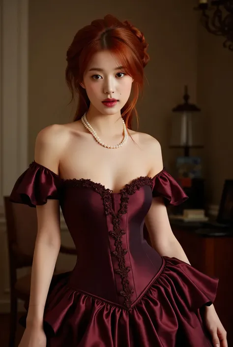A beautiful lady, with a very voluptuous bust, from the Victorian era, wearing a magnificent dress from that time, red hair in a somewhat disheveled bun, and a pearl necklace. She has exquisite skin, which is highlighted by a very sexy and bold corset. She...