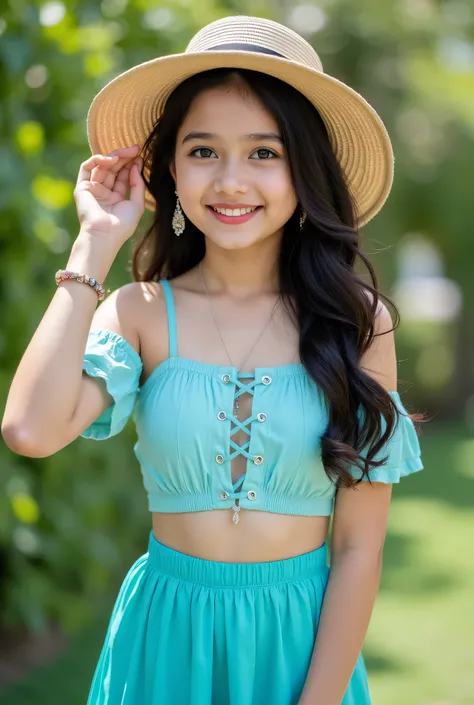 anaswarasdxl, cuteloli, Full image of a young girl with makeup, smiling look, Indian skin tone, light brown eyes, fox-eyelashes, silver color eyeshadow, matte red lips. Her hairs are long, brown, wavy and stylish. She is wearing a cyan Lace Up Front Cold S...