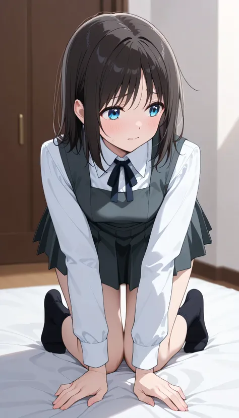 An image of Haruyama Hana, slim body, blushed, shy, tight school uniform, tight white shirt, mini pleated, collared shirt,  , grey vest, long sleeves, gray skirt, black socks, Crouched on all fours 
