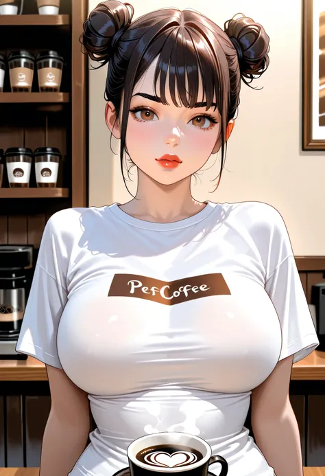 realistic, black bun hair kont top, black eyebrows, brown eyes, red thick lips, perfect face, (large breasts:1.3), white t-shirt, (place in coffee)
