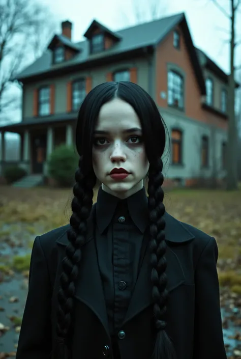 Wednesday Addams, Abandoned House background, 4K HD, High detail, masterpiece.
