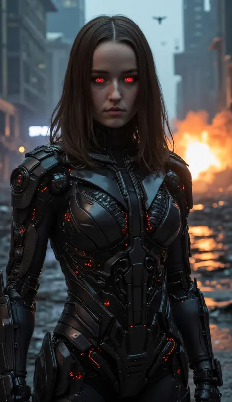 Kaitlyn Dever as Terminator T-X, cinematic portrait, deadly and elegant cybernetic assassin, sleek form-fitting metallic combat suit with integrated weapon systems, glowing red eyes partially visible beneath a human-like facade, parts of her synthetic skin...