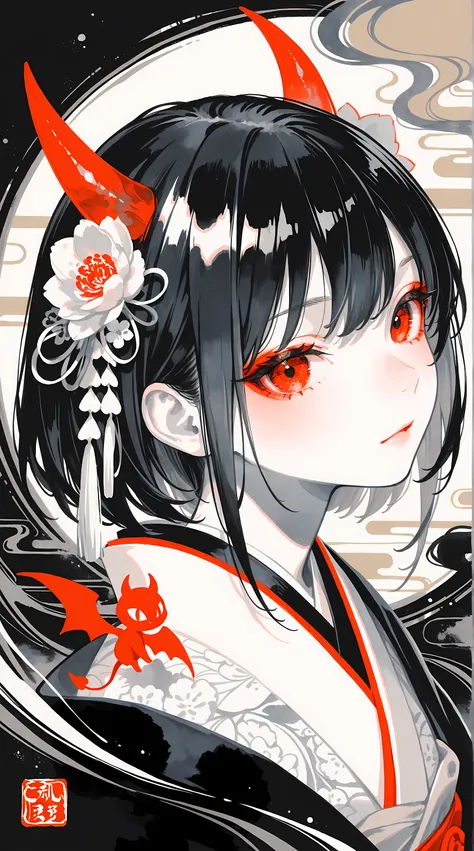 masterpiece, best quality, very awa, very aesthetic, highres, absurdres, 1girl, solo, ink art, watercolor, nihonga, limited palette, abstract, little devil, portrait, 
