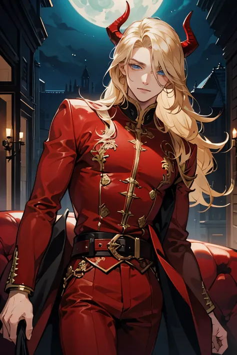  high resolution masterpiece, excellent quality , man, golden hair , Waist-length hair, wavy hair, with demon horns  , SAPPHIRE BLUE eyes,  ,attractive face very detailed very detailed face, in a mansion , under the moonlight    , Alone  ,  male gender , h...
