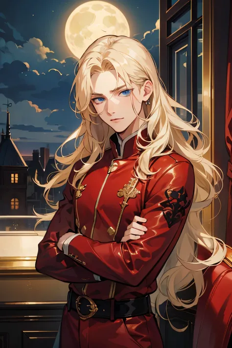  high resolution masterpiece, excellent quality , man, golden hair , Waist-length hair, wavy hair, with demon strings  , SAPPHIRE BLUE eyes,  ,attractive face very detailed very detailed face, in a mansion , under the moonlight    , Alone  ,  male gender ,...