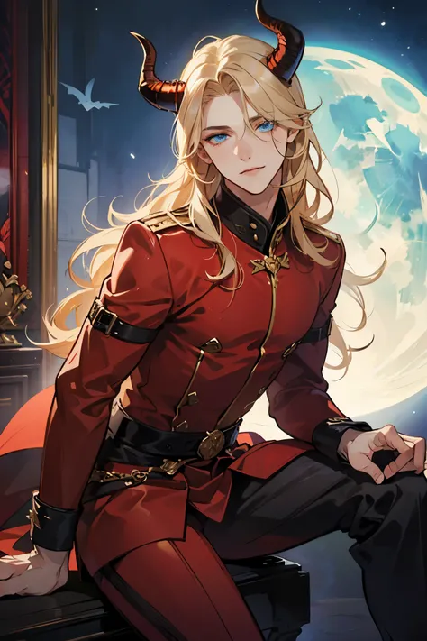  high resolution masterpiece, excellent quality , man, golden hair , Waist-length hair, wavy hair, with demon horns  , SAPPHIRE BLUE eyes,  ,attractive face very detailed very detailed face, in a mansion , under the moonlight    , Alone  ,  male gender , h...
