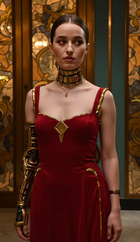 Kaitlyn Dever as Terminator T-X, stylized portrait, cyborg human disguise, unique art deco, biomechanical style, flowing deep red evening gown with metallic gold geometric accents, inspired by 1930s fashion, sleek and statuesque silhouette, skin appears fl...