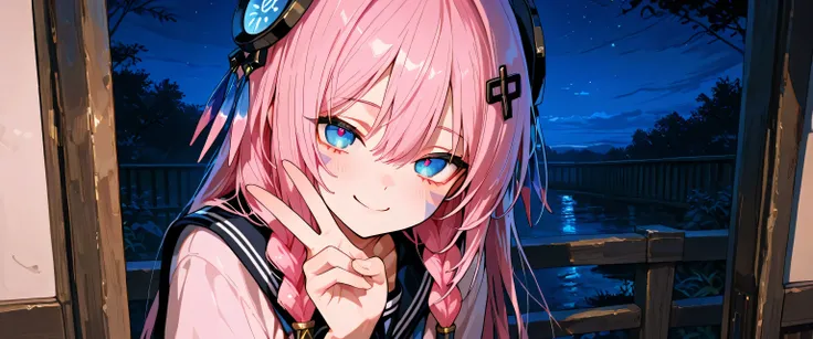 748cmstyle,score_9, score_8_up, score_7_up, masterpiece, best quality, amazing quality,, solo, 1 girl, citlali, long hair,facial mark,blue eyes,twin braids, pink hair, hair ornament,, accurate, smile, one hand peace, looking at viewers, night, out doors, c...
