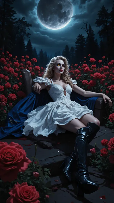 picture of a vampire woman resting in a black and red colored meadow, full body, an exquisite beautiful female vampire woman, ultra detailed face, ultra feminine, pale skin, blond hair, wavy hair, glowing eyes, cold eyes, intense eyes, dark red lips, fangs...