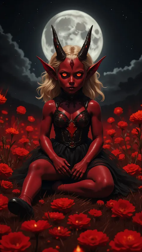 picture of a  child devil in a black and red colored meadow, full body, an exquisite beautiful child devil, ultra detailed face, red skin, blond hair, wavy hair, glowing eyes, red eyes, intense eyes, dark red lips, horns, wearing white dress, elegant style...