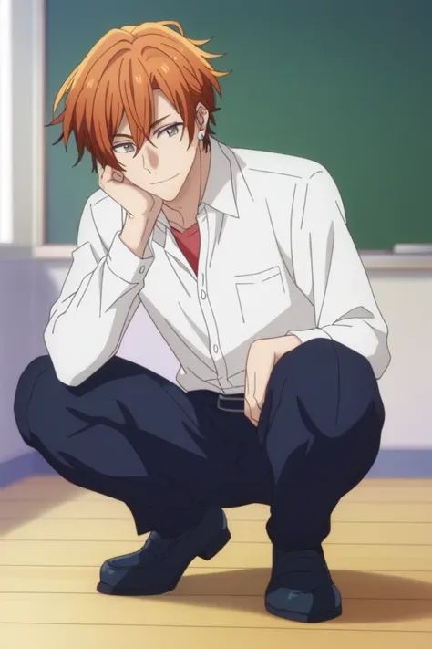 man, un  man, short hair, orange hair, brown eyes  , navy blue school pants, white school dRess shiRt,     Arrogant smile,  squatting posture, En cuclillas, in a classroom, Sitting on the classroom floor, Anime by Sasaki Shummei, squatting posture, squatti...