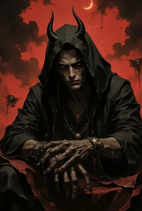 A horror asthetic image of a cloaked shadow figure, white glowing eyes, demon horns, occult asthetic, red and black colors, long black hair,red moon background, blood tears, long black finger nails