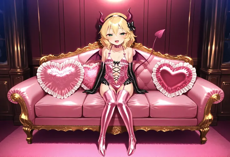(score_9:0.9),score_8_up,score_7_up,negative_hand, realistic,satoukuuki,satou kuuki,warm color,sakurai momoka, short hair, blonde hair, wavy hair, hairband, hair bow, bangs, hair between eyes, green eyes, flat chest, succubus, succubus wear, succubus costu...