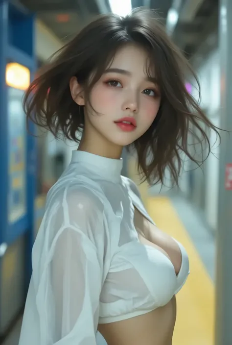 real picture (1 cute korean stars) flip hair, Light makeup, larger breasts, naked, at the train station, Canon EOS facial features are clear, 16K, High resolution, Clear and lifelike details, overexposure, cut, ultra high definition, High resolution, best ...