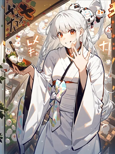 smiling at the camera {x} a woman with long white hair，wearing a white big sleeve shirt and kimono，pure white skirt apron，Smiling looking at the camera ，cute