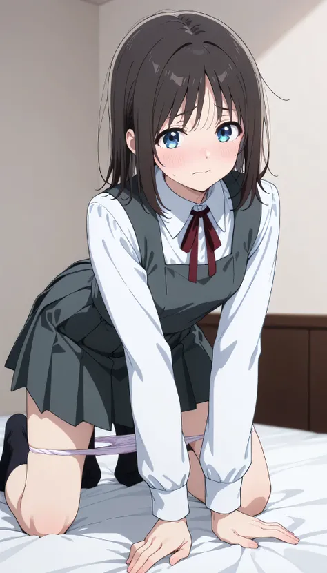 An image of Haruyama Hana, slim body, blushed, shy, tight school uniform, tight white shirt, pleated mini shirt with collar, grey vest, long sleeves, gray skirt, black socks, Crouched on all fours, Panties pull 