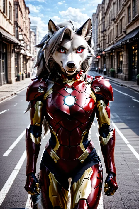 Loona, furry, realistic, fluffy tail, ((Loona in Iron Man Armor)), without helmet, street, day, front view, high-range shot, ultrahigh details, ultra-realistic photo, two-tone fur, gray fur, anthro, wolf girl, animal nose, wolf tail, red sclera, white iris...