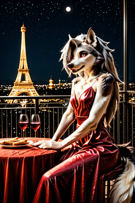 Loona, furry, realistic, fluffy tail, red tight evening dress, sitting at beautiful table covered with red tablecloth, with white plates, red wine and breadsticks, on balcony with view of the Eiffel Tower and the blood moon in the background, night, slight...