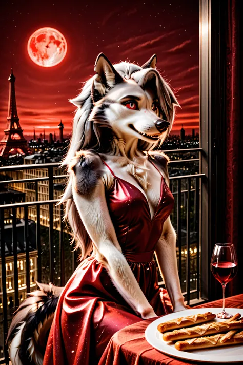 Loona, furry, realistic, fluffy tail, red tight evening dress, sitting at beautiful table covered with red tablecloth, with white plates, red wine and breadsticks, on balcony with view of the Eiffel Tower and the red moon in the background, night, slightly...