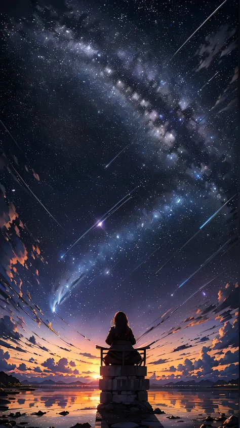 (The best quality), ((masterpiece)), ultrahigh resolution, (realist:1.4), Professional illustration style, Harmonious color palette, Depth and dimension, Exquisite brushstroke, Photo original, octane, sky, stars (sky), landscape, sky estrellado, evening, (...