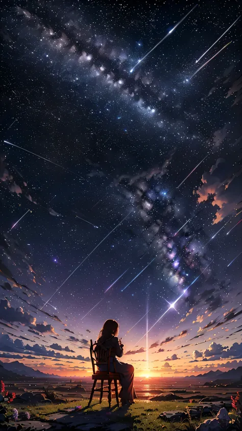 (The best quality), ((masterpiece)), ultrahigh resolution, (realist:1.4), Professional illustration style, Harmonious color palette, Depth and dimension, Exquisite brushstroke, Photo original, octane, sky, stars (sky), landscape, sky estrellado, evening, (...