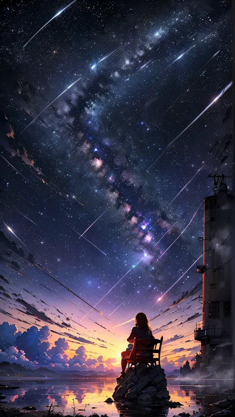 (The best quality), ((masterpiece)), ultrahigh resolution, (realist:1.4), Professional illustration style, Harmonious color palette, Depth and dimension, Exquisite brushstroke, Photo original, octane, sky, stars (sky), landscape, sky estrellado, evening, (...