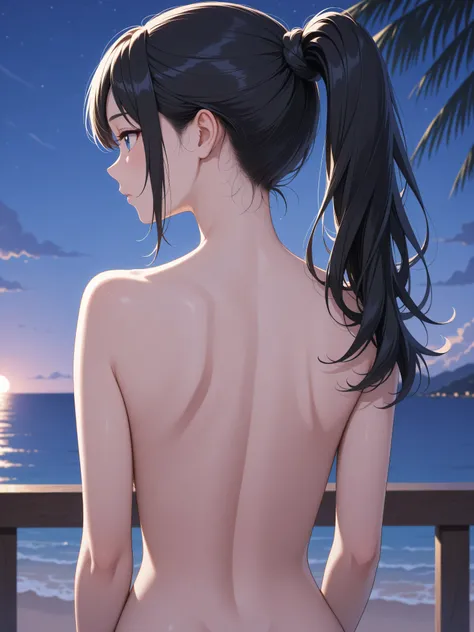( high quality), beauty, ponytail , nude、(((Back view、beauty in return))), tropical night,