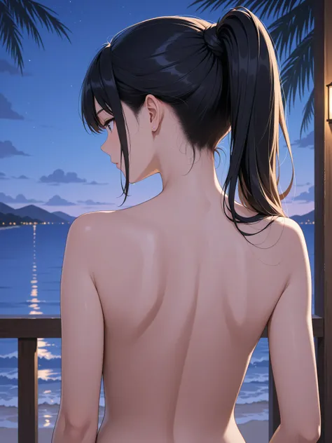 ( high quality), beauty, ponytail , nude、(((Back view、beauty in return))), tropical night,