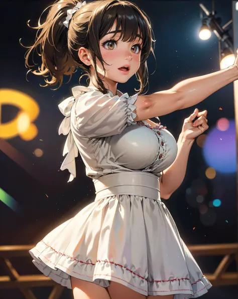 The seven-colored lights are dancing, detailed-cotton-dirndl, warm lighting, beautiful baby face,gigantic-breasts-cute-1girl Singing at a live venue, Ponytail hairstyle, Dynamic pose, golden hour lighting, detailed textures, (best quality,4k,8k,highres,mas...
