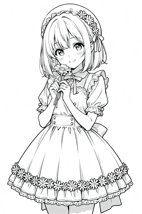 Anime girl smiling with flowers, perfect quality, clean line art, white background, masterpiece, 4k, cute outfit 