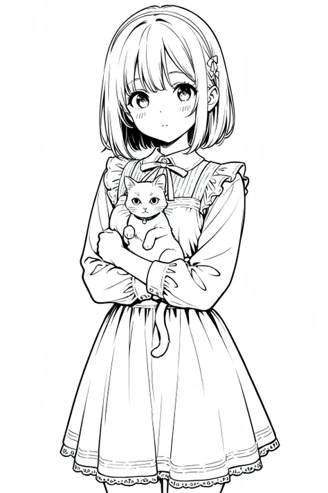 Anime girl holding a cat, perfect quality, clean line art, white background, masterpiece, 4k, cute outfit ,black and white 
