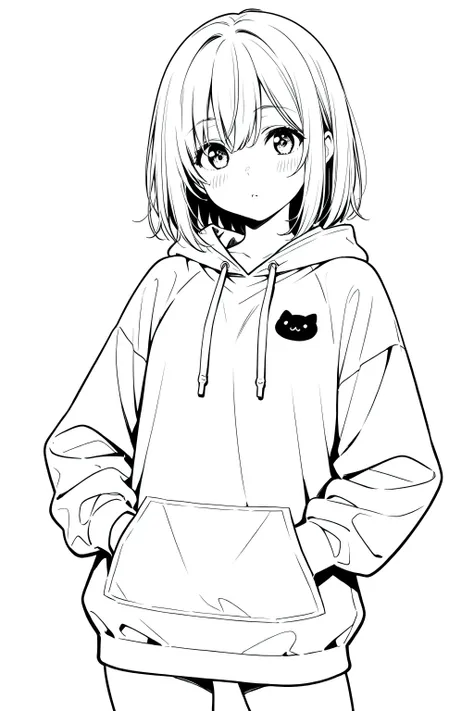 Anime girl wearing hoodie, perfect quality, clean line art, white background, masterpiece, 4k