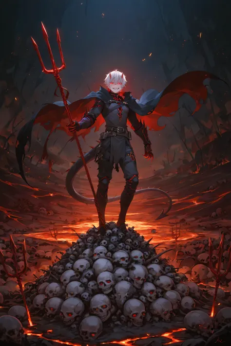 A men, perfec body, mischievous devil Boy standing on a pile of skulls, with tiny horns, a spiked tail, and glowing red eyes. He wears a torn cape and holds a miniature trident, grinning mischievously. The background is a smoky underworld with lava cracks ...