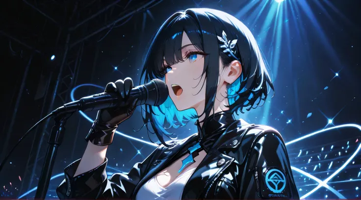 masterpiece, one girl, long black hair, short cut, blue inner hair, asian, blue eyes, wearing black jacket, white dress, leather gloves, singing, in jazz lounge
