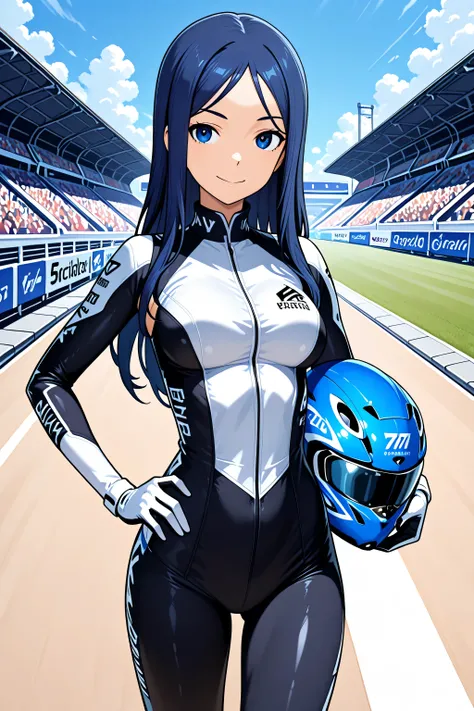 kanade,blue eyes,blue hair,long hair,high quality,smile,4k,bike race,on the circuit road,medium shot,pointing,hand on own hip,holding　helmet