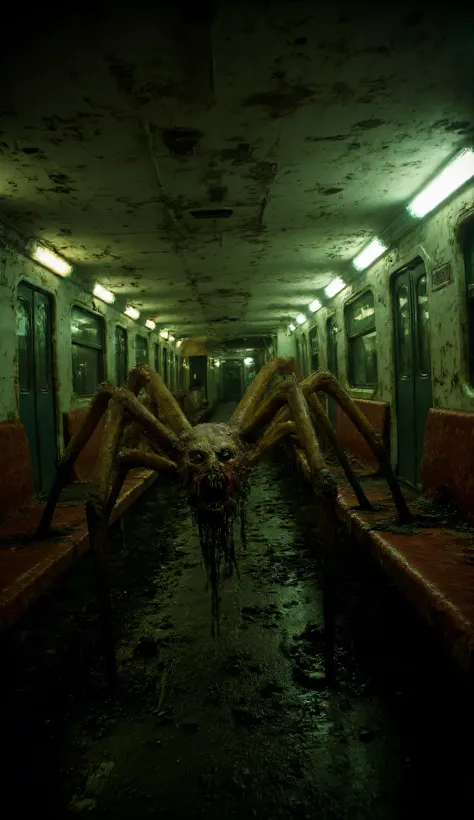 ithin the decaying carcass of a long-abandoned subway car, the flickering neon lights cast unnatural, sickly hues upon walls coated in centuries-old grime. The air is thick with an unspeakable miasma, a cloying stench of rot and something older, something ...