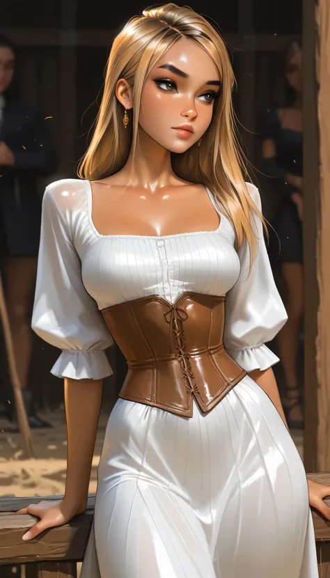 masterpiece, best quality, very aesthetic, movie quality, depth of field,soft saturation, focused subject, ,official style, shiny skin, hazel eyes, 1girl, dirty blonde hair, keira knightley, rachel amber, (white skinned female), ,, shirow masamune, sam yan...