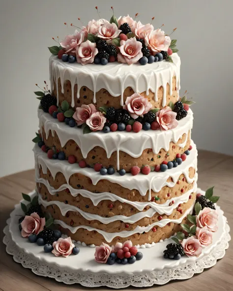  high quality, photorealistic,  extra detailed , luxury multi-level cake on an elegant silver stand, delicate cream decor with gold accents, fresh berries adorn each tier, marble countertop, soft natural light