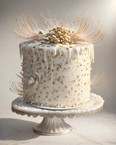 high quality, photorealistic, extra detailed , luxury multi-level cake on an elegant silver stand, delicate cream decor with gold accents, fresh berries adorn each tier, marble countertop, soft natural light