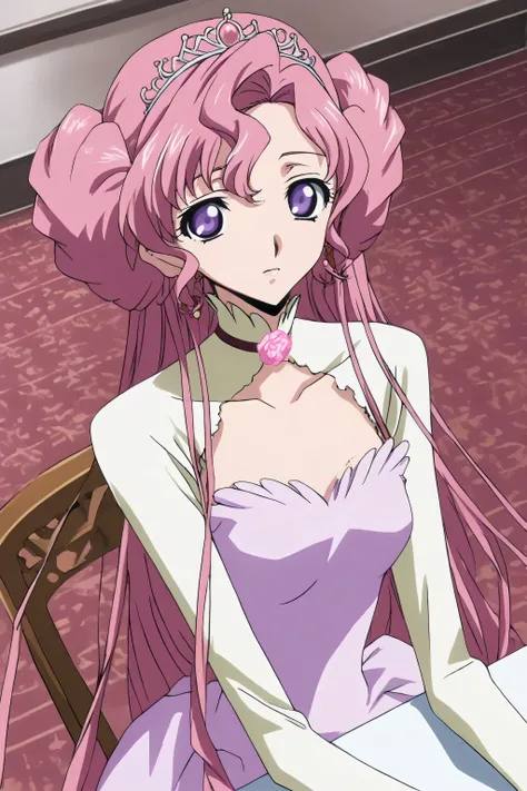 Empress, sitting at the table. pink curly hair up to the shoulders, soft pink dress, purple eyes. is left with an innocent look, looking at the viewer. and the tiara on the head