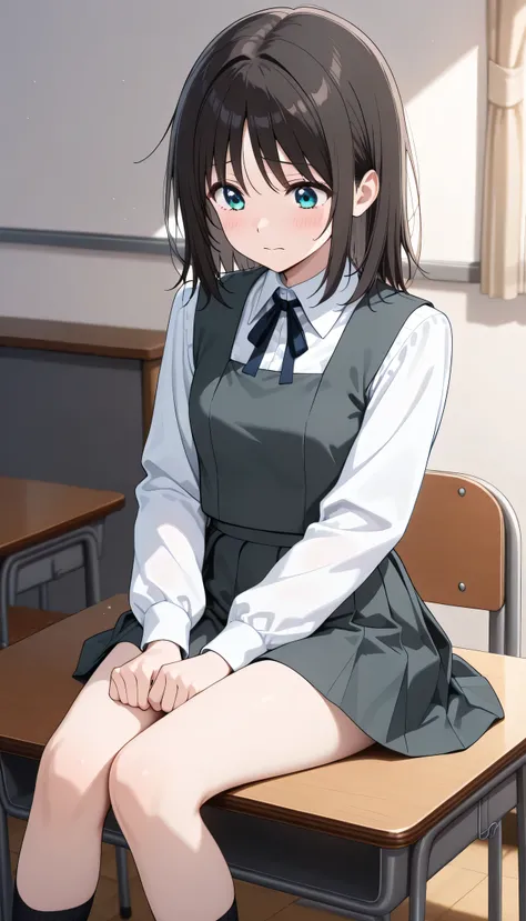 An image of Haruyama Hana, slim body, flushed, shy, tight school uniform, tight white shirt, mini pleated, collared shirt,  , grey vest, long sleeves, gray skirt, black socks, sitting at a desk in a classroom, Open legs in the shape of M. Looking shyly wit...