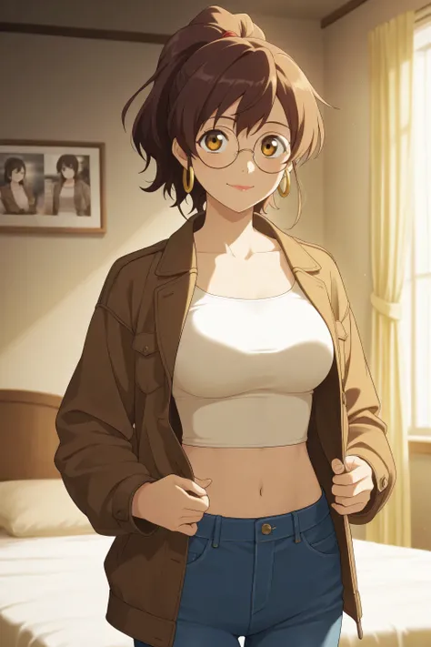 score_9, score_8_up, score_7_up, best quality, detailed face, detailed background, maximum detail, beautiful face, beautiful eyes, very aesthetic, absurdres, perfect lighting, nsfw, 1female, anime coloring, bedroom, girl, 25 years old, medium breasts, brow...